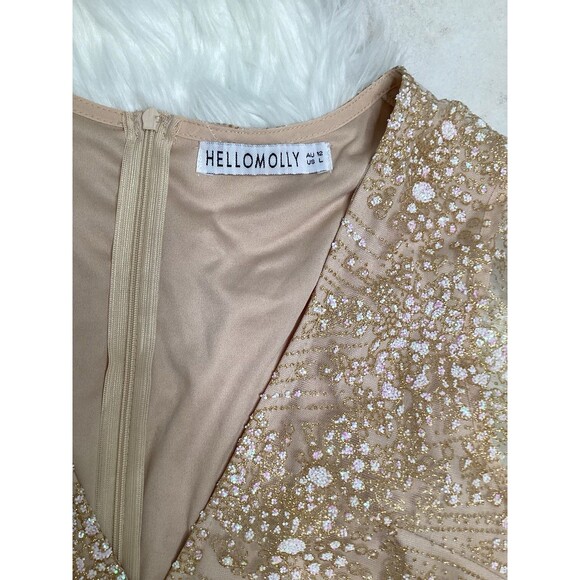 Hello Molly Gold Sheer Embellished Winged Cape Mini Evening Cocktail Dress L - Picture 3 of 8